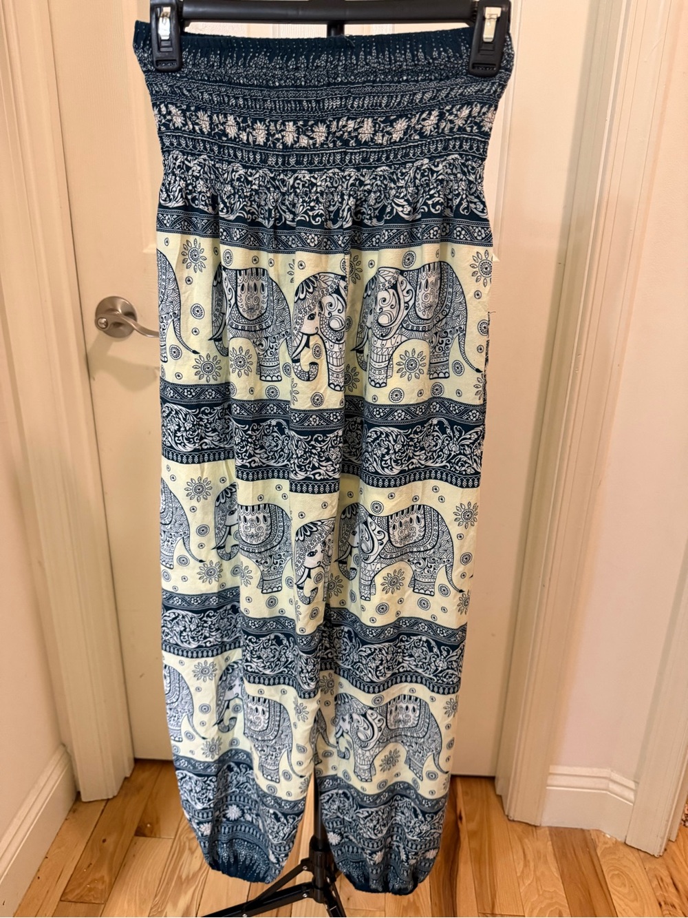 Boho Smocked-Waist Elephant Print Harem Pants - Blue Cream - Picture 2 of 4